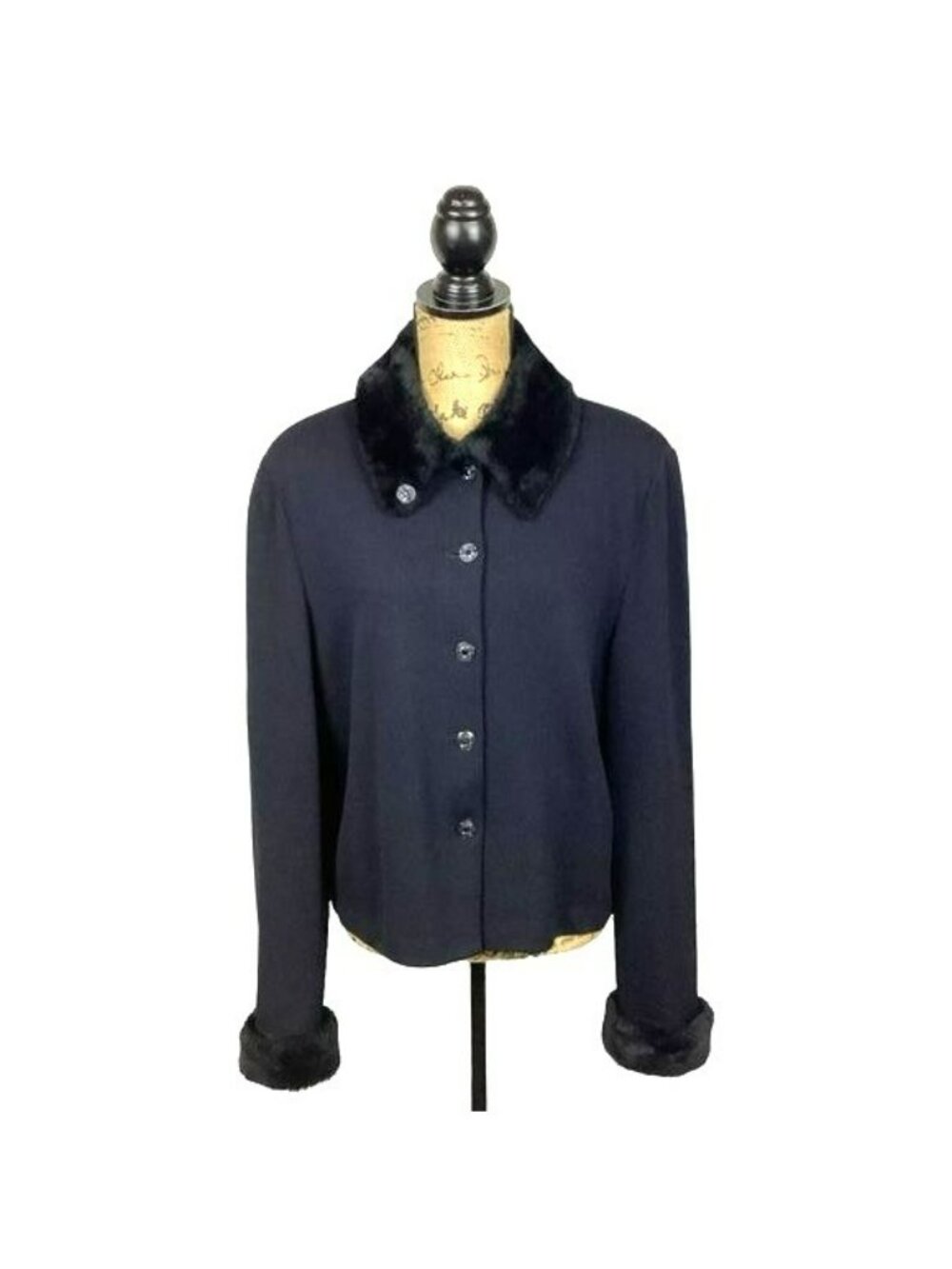 St. John Collection Womens Black Button-Up Jacket Size 14 With Faux Fur Collar & - Picture 2 of 15
